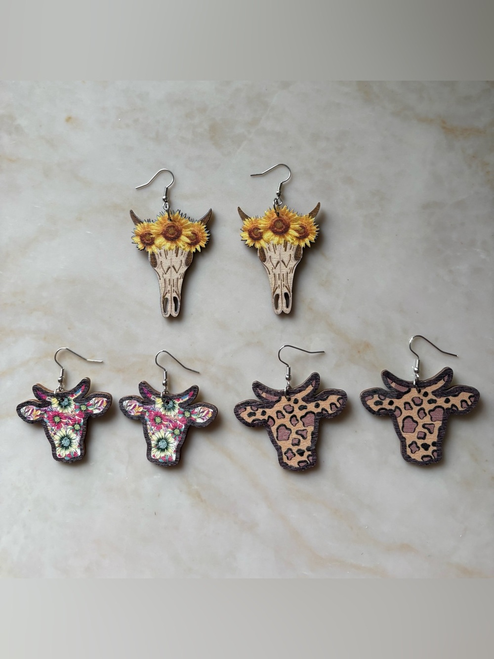 Western Ox Bull Head Skull Wooden Bundle Earrings - 3 Pairs